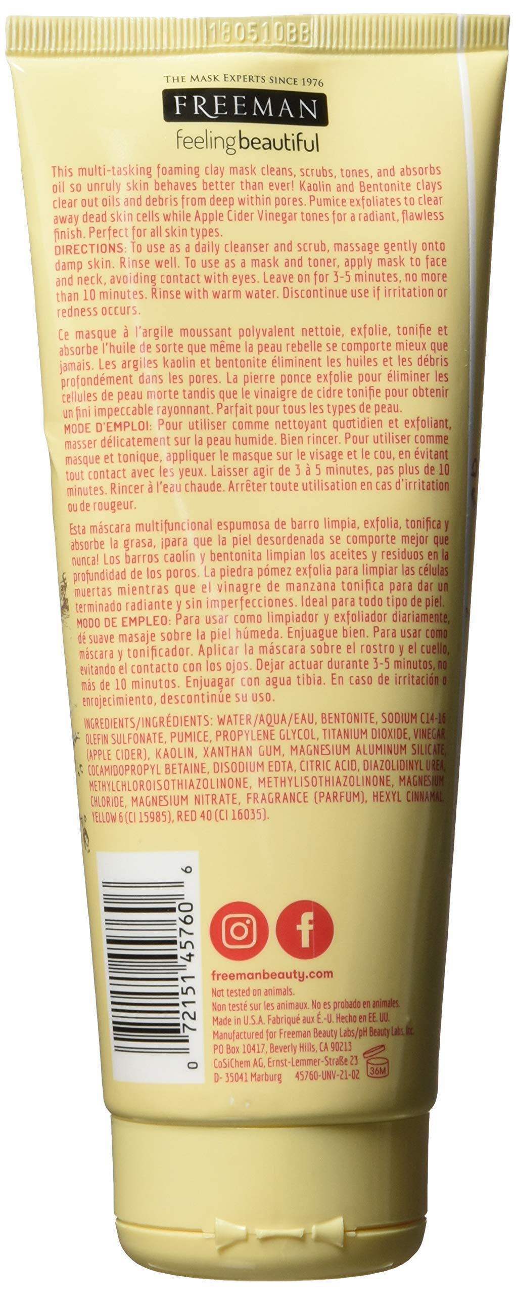 Freeman Cleansing Apple Cider Vinegar Clay Mask & Facial Scrub, Face Mask Tones, Purifies, Flawless Complexion, Clay and Pumice Exfoliate Pores, All Beauty & Personal Care Freeman