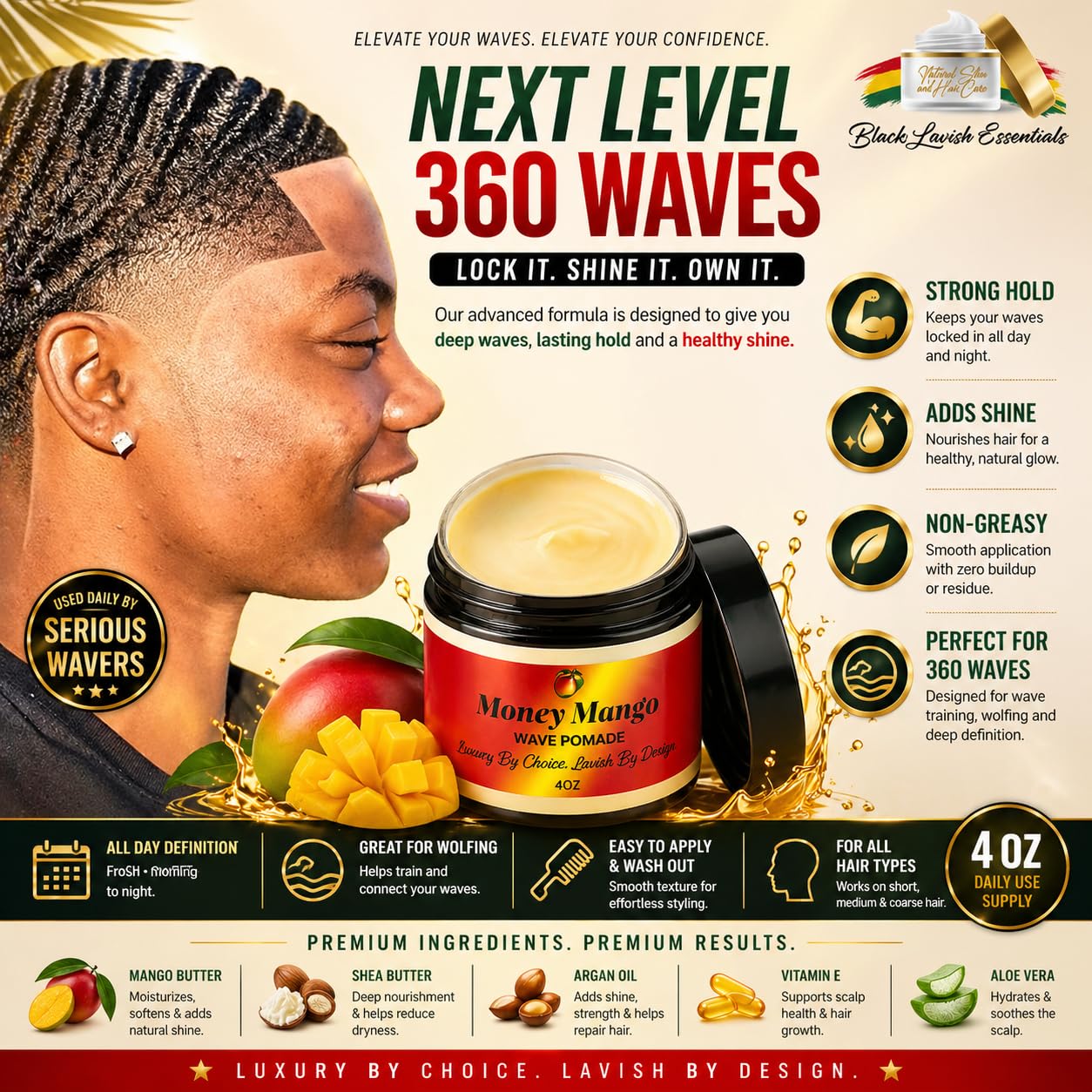 Black Lavish Essentials Ultra-Smooth 360 Wave Pomade for Men, Deep Waves, Strong Hold and Shine for Wavy Hair, Shea Butter and Mango Butter Beauty & Personal Care Black Lavish Essentials