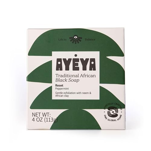 AYÉYA African Black Soap Bar, Peppermint (Reset) - Exfoliating Bar Soap for Acne-Prone Skin with Neem Oil, 4 Oz Beauty & Personal Care Ayeya