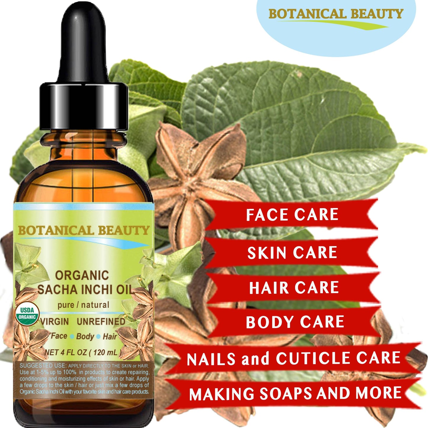 Botanical Beauty Organic SACHA INCHI OIL 100% Natural Pure Undiluted Virgin Unrefined Cold Pressed Carrier Certified Organic Oil For Face, Skin, Hair Beauty & Personal Care Botanical Beauty