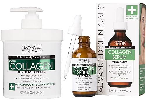 Advanced Clinicals Unscented Collagen Body Cream + Collagen Serum For Face 2PC Skincare Set | Face Serum & Body Lotion For Women & Men Helps Improve Beauty & Personal Care Advanced Clinicals