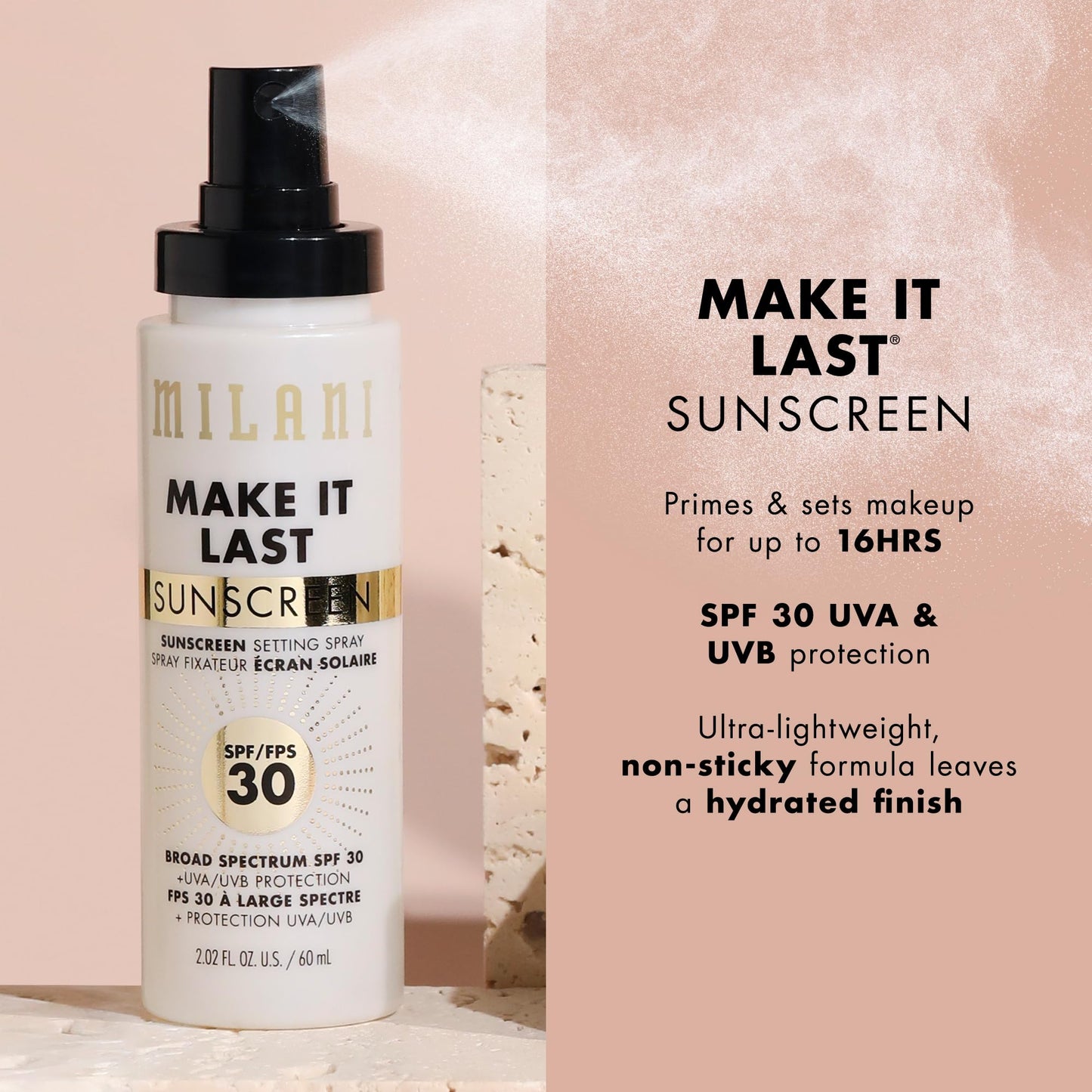 Milani Sunscreen Setting Spray + Primer, Make It Last Sunscreen for Face- SPF 30 UVA & UVB Protection Antioxidant Rich Formula for Broad Spectrum Beauty & Personal Care Milani