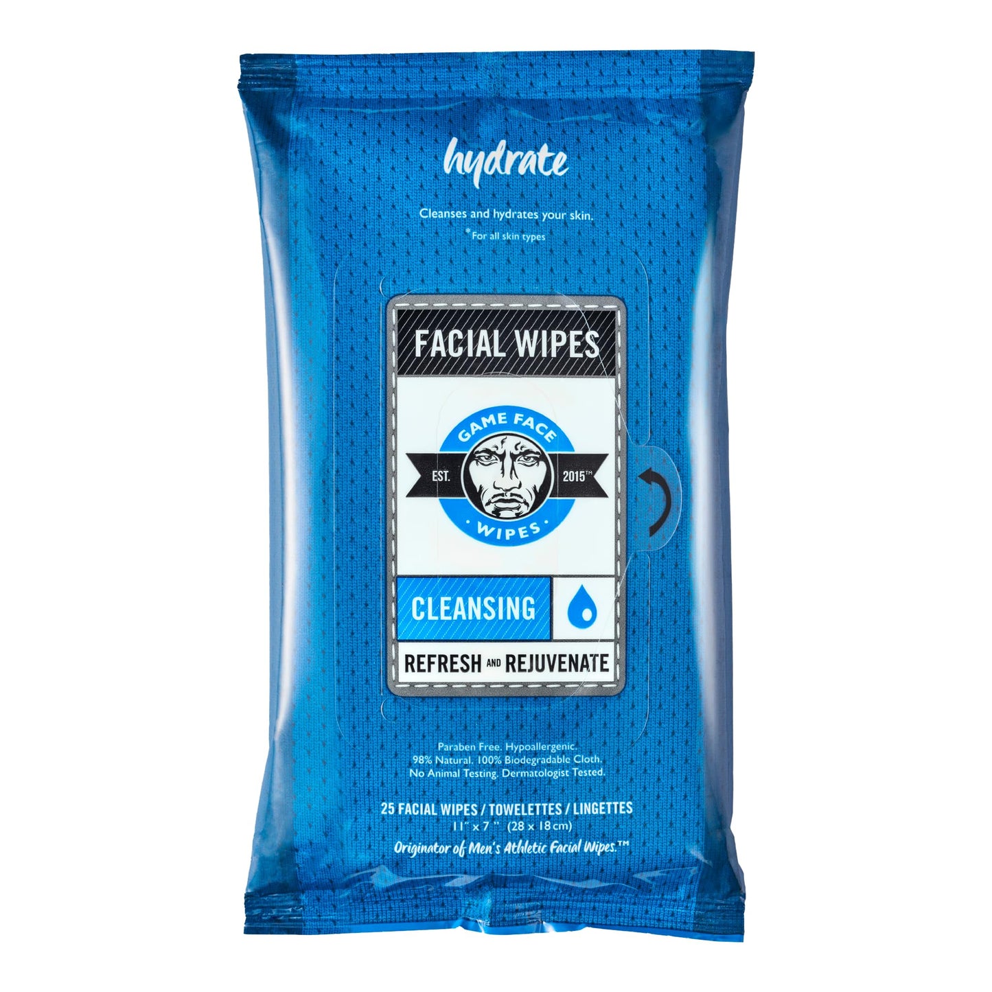 Game Face Cleansing Face Wipes 25 Count Pack XL Size 100% Compostable, Naturally Formulated and Lightly Scented Hydrating, Refreshing Beauty & Personal Care Game Face Products, Inc.