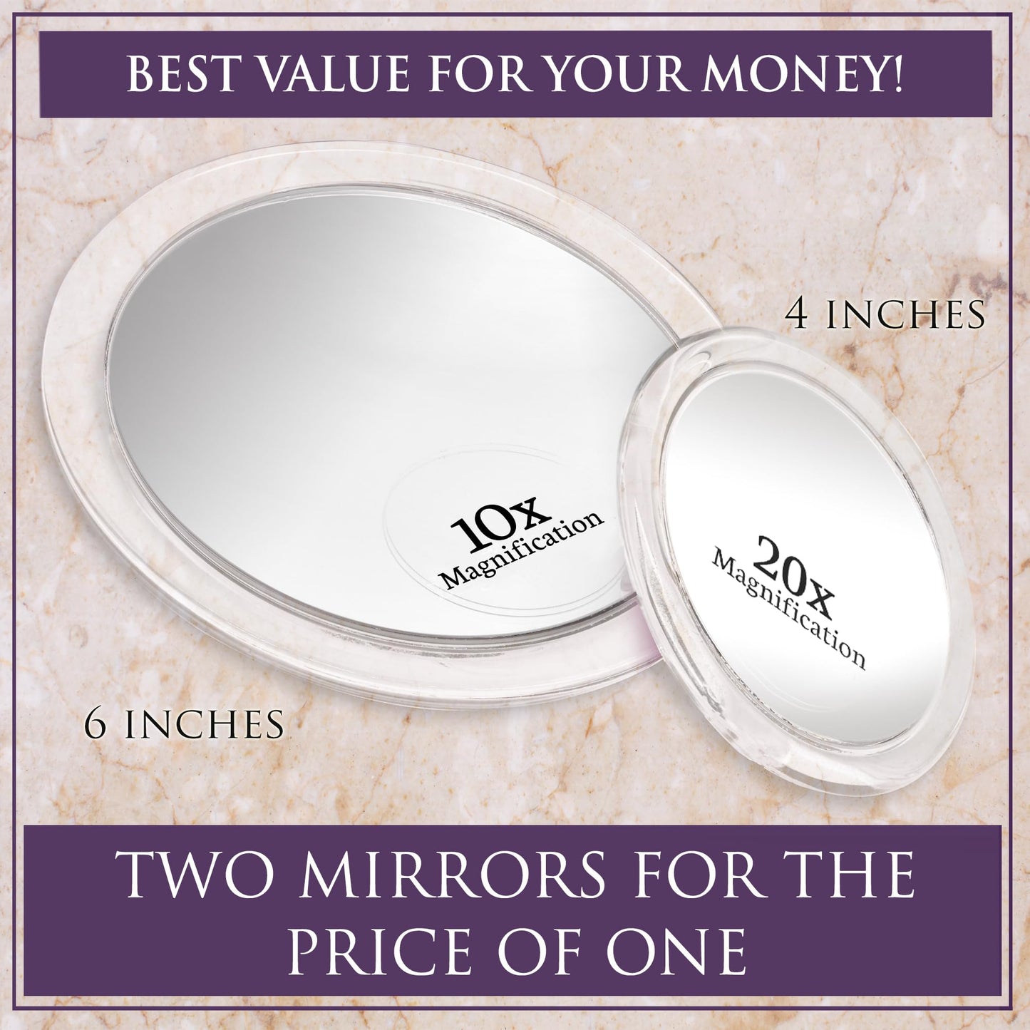 MIRRORVANA 20X & 10X Magnifying Mirror Set with 3 Suction Cups Each - Compact & Travel Ready Mirror for Makeup - Sizes: 6" and 4" Wide Beauty & Personal Care MIRRORVANA