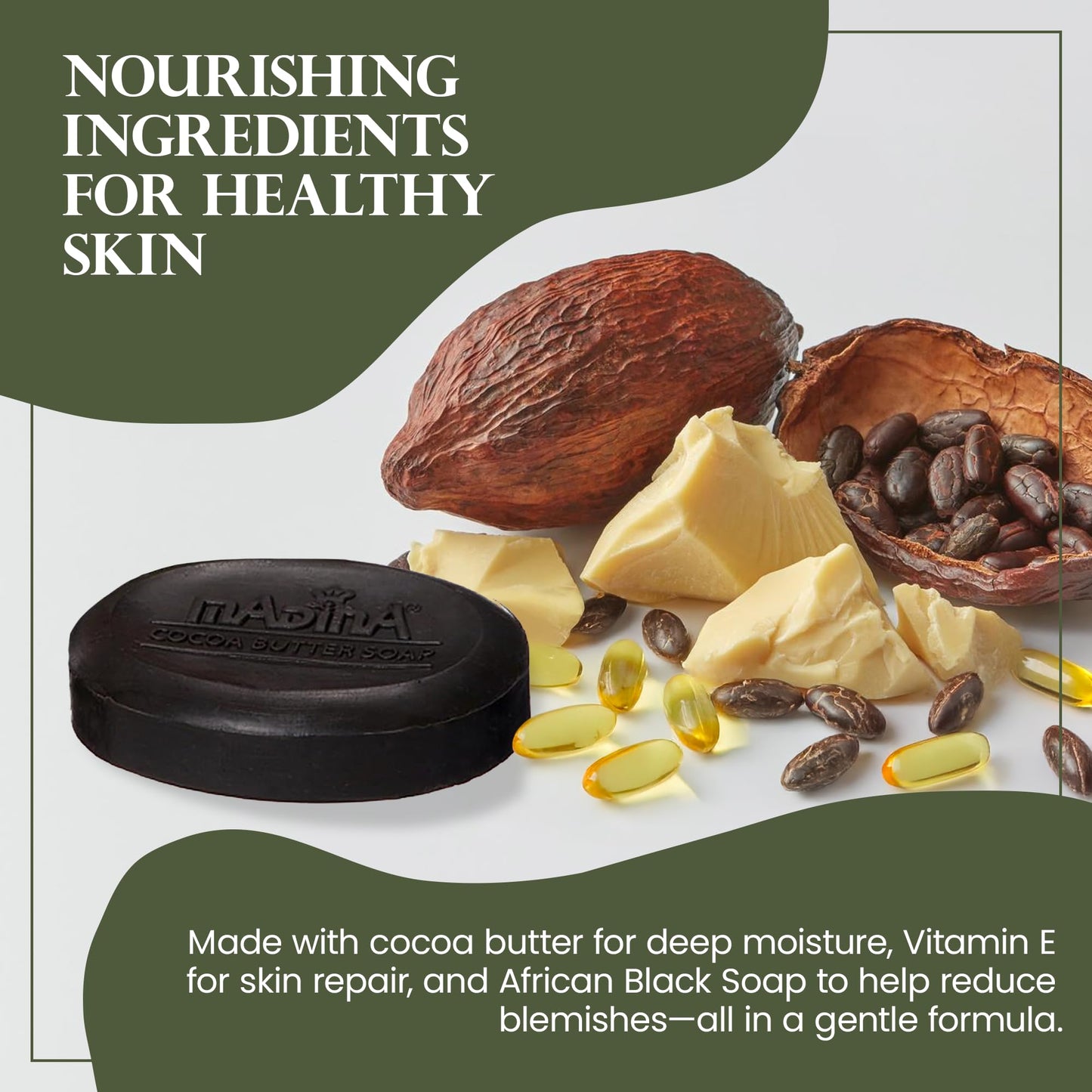 Madina African Black Soap Bar - Cocoa Butter, Vitamin E, Moisturizing, Skin-Restoring, Marks & Blemishes, Face & Body Cleanser, 100% Vegetable-Based Beauty & Personal Care Madina