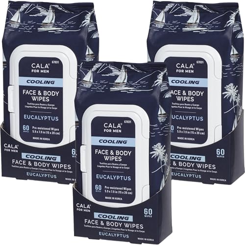 CALA Men's Cooling Face & Body Wipes: Eucalyptus (60 Sheets) - Refreshing, Hydrating Wipes for a Clean, Soothed Complexion, Ideal for Active Men (180 Beauty & Personal Care Cala