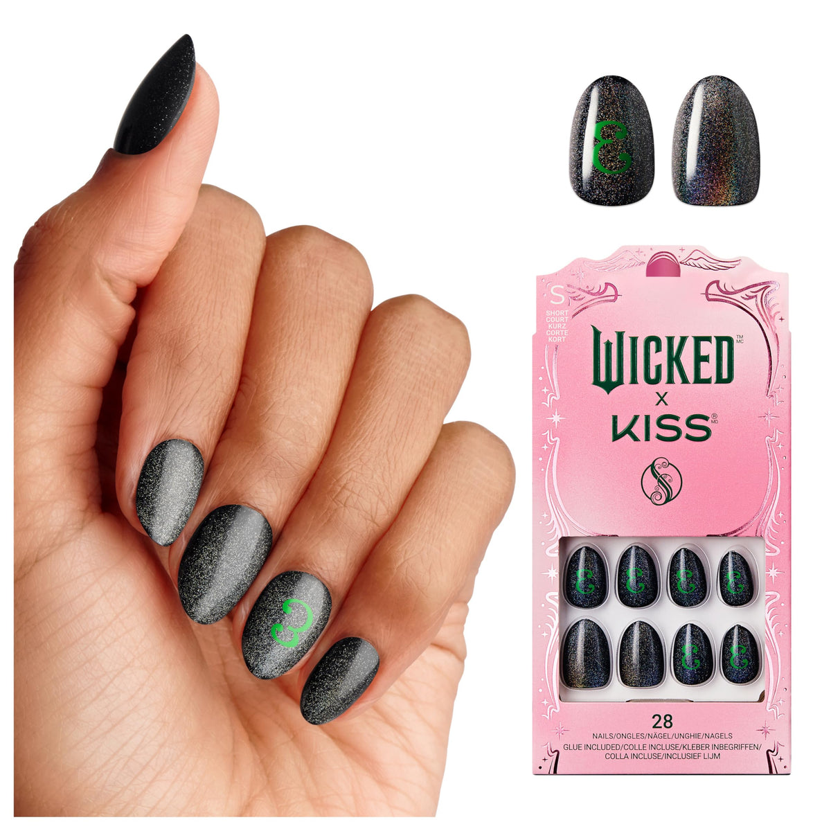 WICKED X KISS Press On Nails Almond, ‘I Look Good in Green’, Green, Short, Waterproof, Chip Proof, Smudge Proof, 28 Fake Nails, Pink Gel Nail Glue