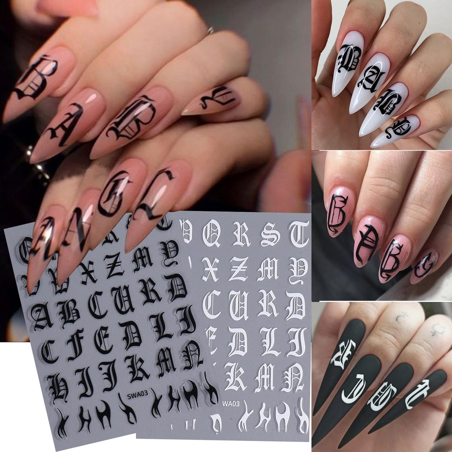 Letters Nail Art Stickers Decals 12 Sheets Alphabet Initial Nail Decals 3D Self-Adhesive White Black Gold Old English Gothic Letter Sticker for Nails Beauty and Personal Care STZPRONAIL