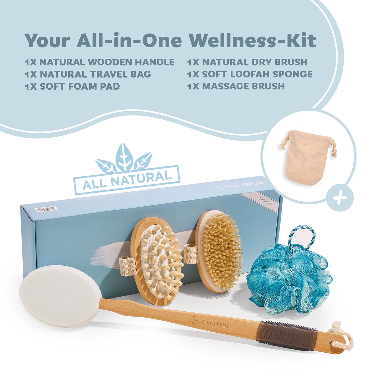 Lilienfeldt Shower Brush Set - Eco-Friendly Back Brush Long Handle for Shower - Bath Massage Brush - Back Lotion Applicator Body Brush Long Handled Beauty and Personal Care Lilienfeldt