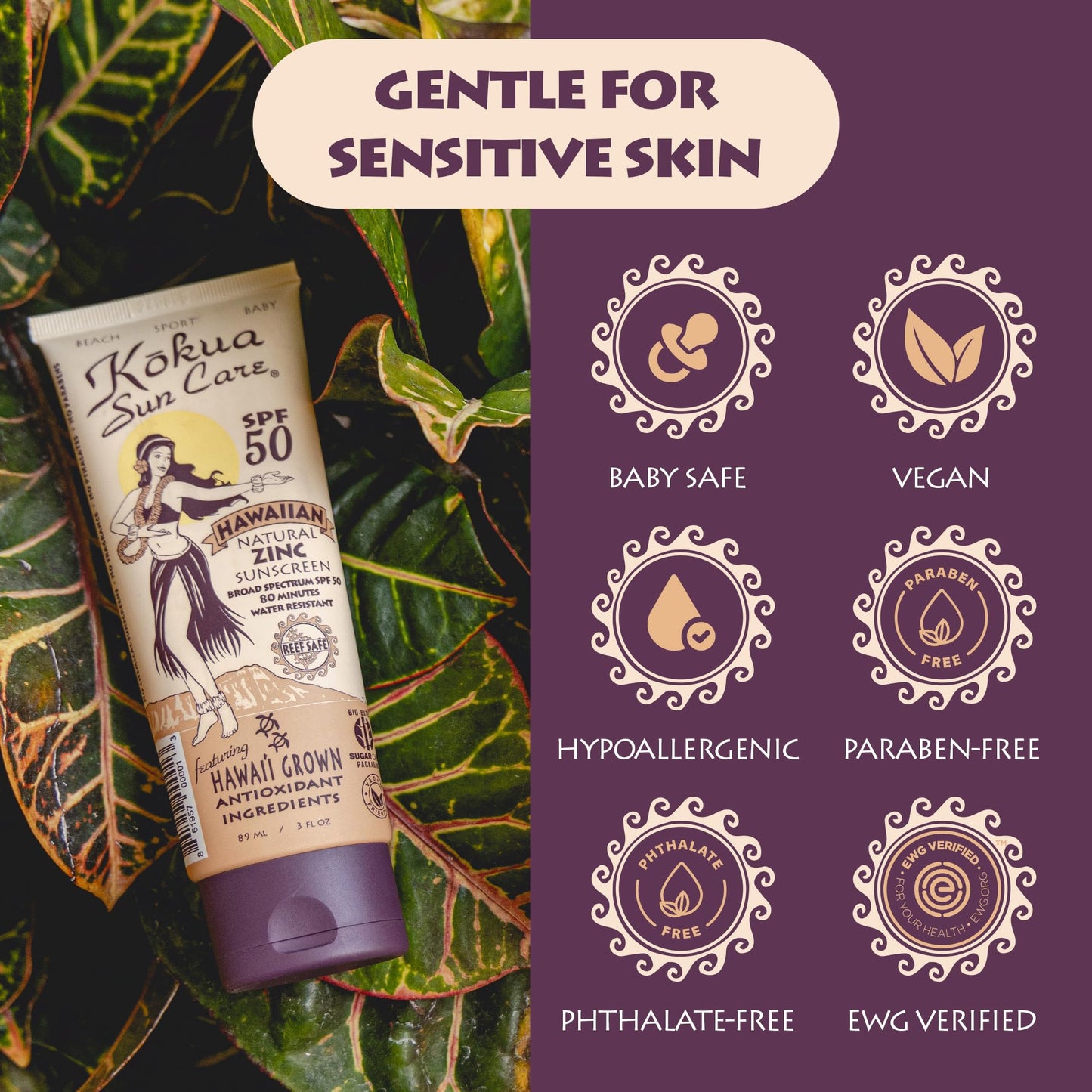 Kokua Sun Care Hawaiian Reef Safe Sunscreen SPF 50 | 3 oz | Zinc Oxide | Mineral Sunscreen | Face & Body | Moisturizing Sun Protection | Water Beauty & Personal Care Kokua Sun Care