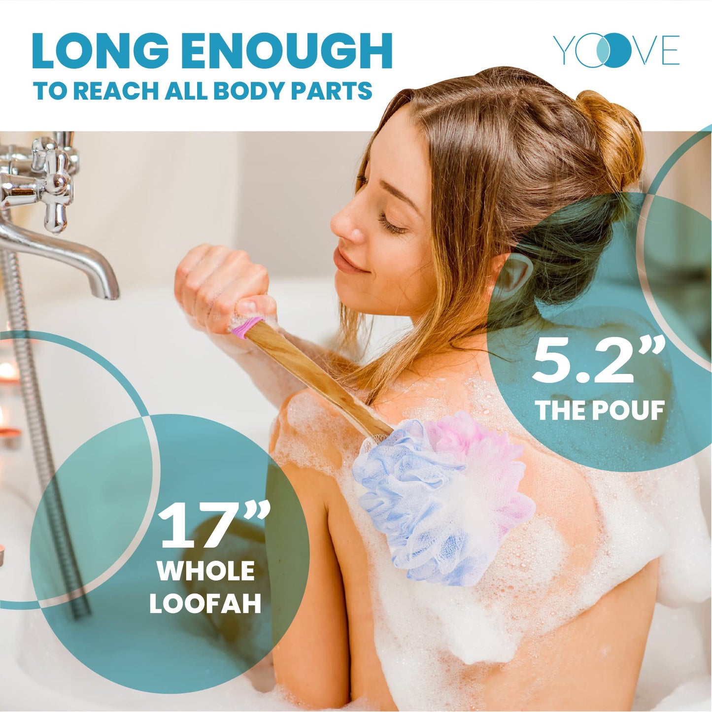 Yoove Loofah Back Scrubber w/Bamboo Charcoal Fiber Infused Bath Sponge, Wooden Handle, Luffa Pouf, Sponge Stick & Hanging Hook for Men & Women, Pink Beauty & Personal Care Yoove