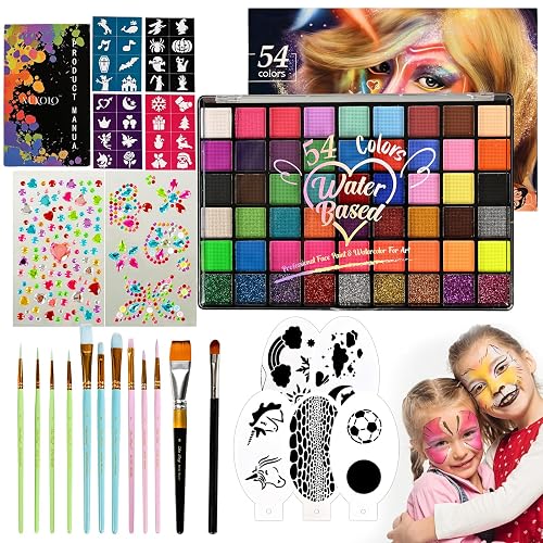 Ruihangda 54 Colors Face Painting Kit for Kids, Non Toxic Water Based Face Body Paint with Brushes, Stencils, Sponges, Gem Stickers, Washable Makeup Beauty & Personal Care Ruihangda