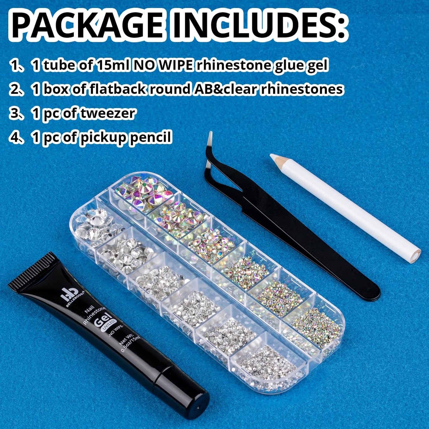 Nail Art Rhinestone Glue Gel&Flatback Gems Accessories Kit, 1 Tube of 15ml Rhinestone Gel Glue(UV/LED Needed)+1 Box of Flat-Back Round Glass Crystal Beauty & Personal Care BELLEBOOST