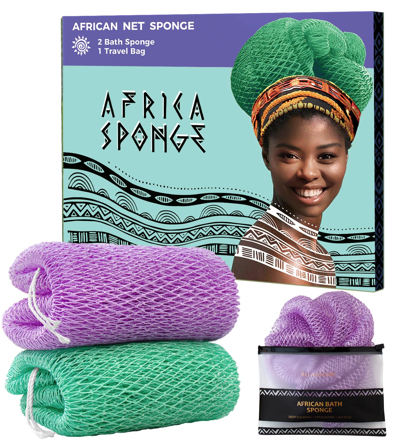 Authentic African Net Sponge 2 Pieces - Back Scrubber for Body - Seawave & Lilac Exfoliating Washcloth with Knots for Shower - Shower Exfoliator Beauty and Personal Care RelaxScene