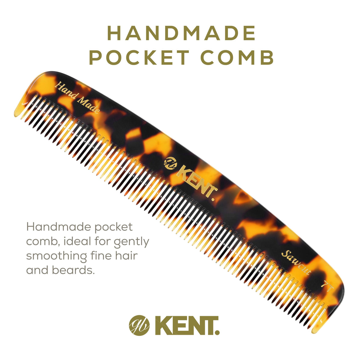 Kent 7T TY Handmade All Fine Tooth Pocket Comb for Men, Hair Comb Straightener for Everyday Grooming Styling Hair, Mustache and Beard, Use Dry or with