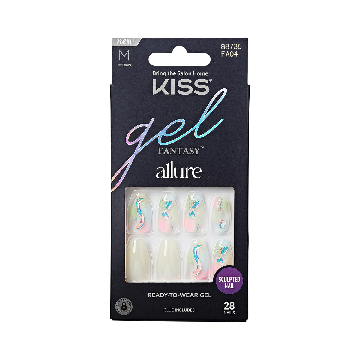 KISS Gel Fantasy Allure Press On Nails, Ready to Wear, 3D Design, Waterproof, Pink Gel Nail Glue 0.07 Oz. (2g), Manicure Stick & Mini File, 28 Count