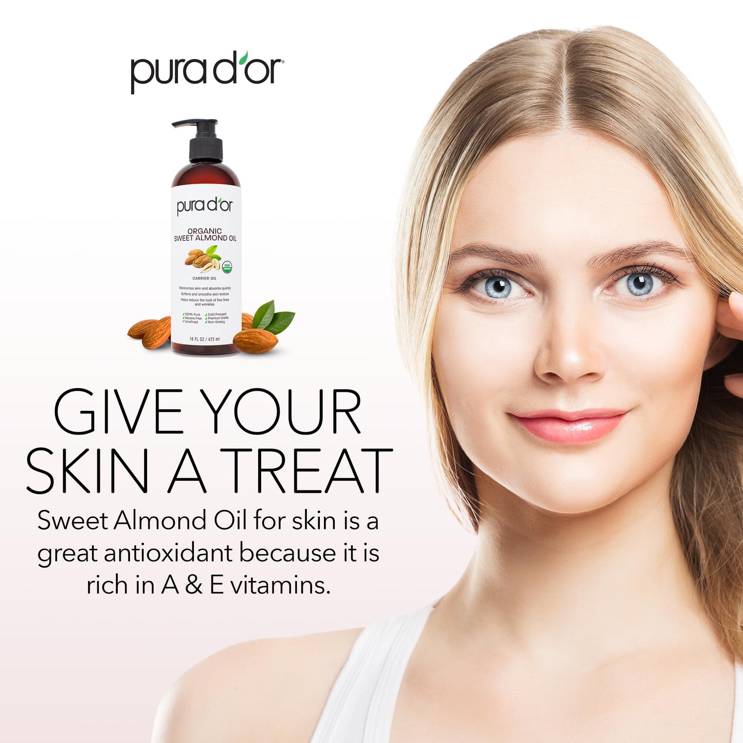 PURA D'OR ORGANIC Sweet Almond Oil, Pure Carrier Oil for Hair & Skin, 16 Oz Beauty & Personal Care PURA D'OR