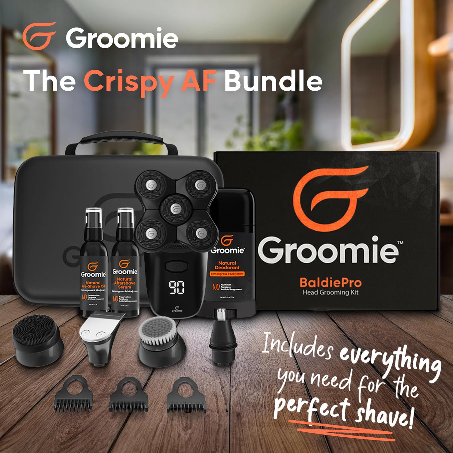 Groomie Crispy AF, Shaving & Grooming Kit for Bald Men - Set Includes BaldiePro Electric Razor, Pre-Shave Oil, Aftershave, Deodorant & Travel Carrying Beauty and Personal Care Groomie
