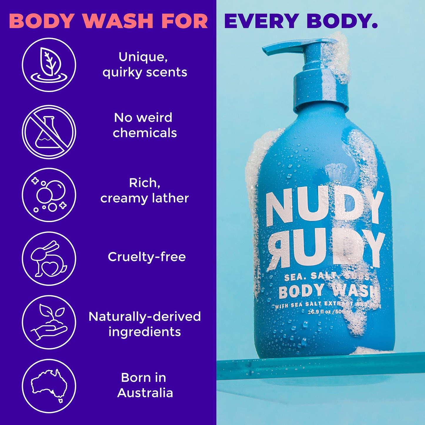 Nudy Rudy Sea Salt Suds 2 Pack, Liquid Body Wash Bundle, Aloe Vera and Vitamin E, Moisturizing Shower Gel for Men and Women 16.9 fl oz and 4.2 oz Beauty & Personal Care Nudy Rudy