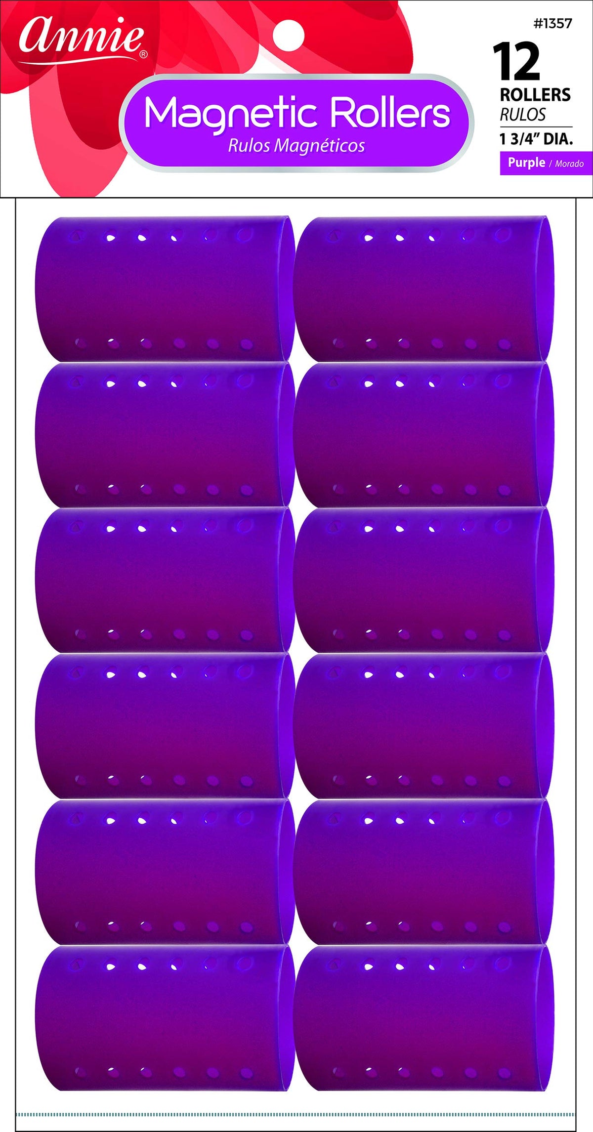 Annie Magnetic Hair Rollers 1 3/4 In, 12 Count, Purple, Smooth Plastic