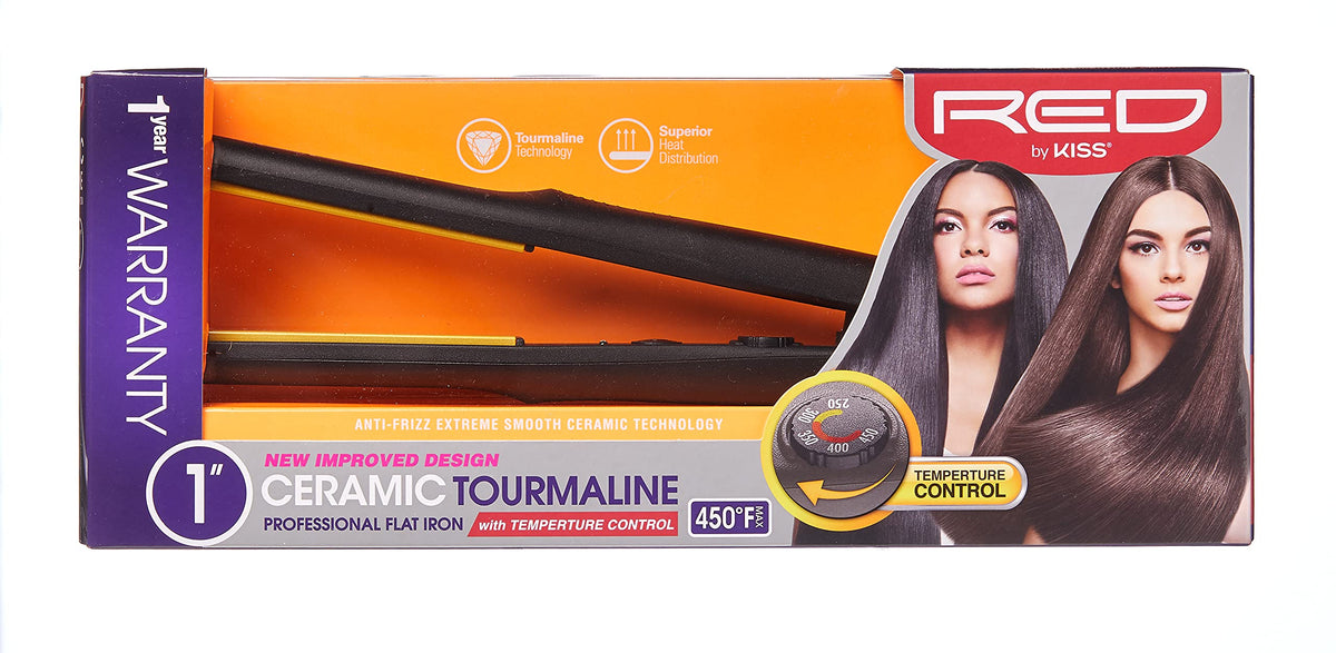 Red by Kiss Ceramic Tourmaline Professional Flat Iron - 1” Hair Straightener with Temperature Control up to 450°F, Anti-Frizz & Heat Damage