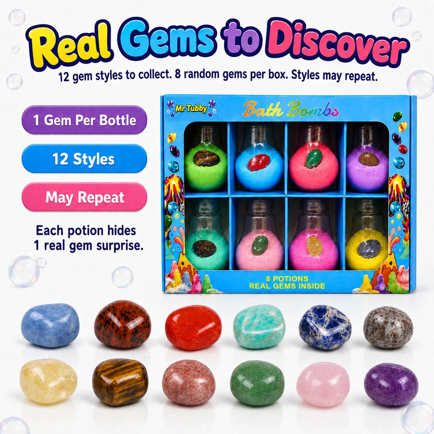 Mr Tubby Bath Bombs for Kids, 8 Potion Bottle Bath Bombs with Random Real Gem Surprises, Fizz & Foam Bath Toy Set, Gift-Ready Bath Bombs for Boys Beauty and Personal Care Mr Tubby
