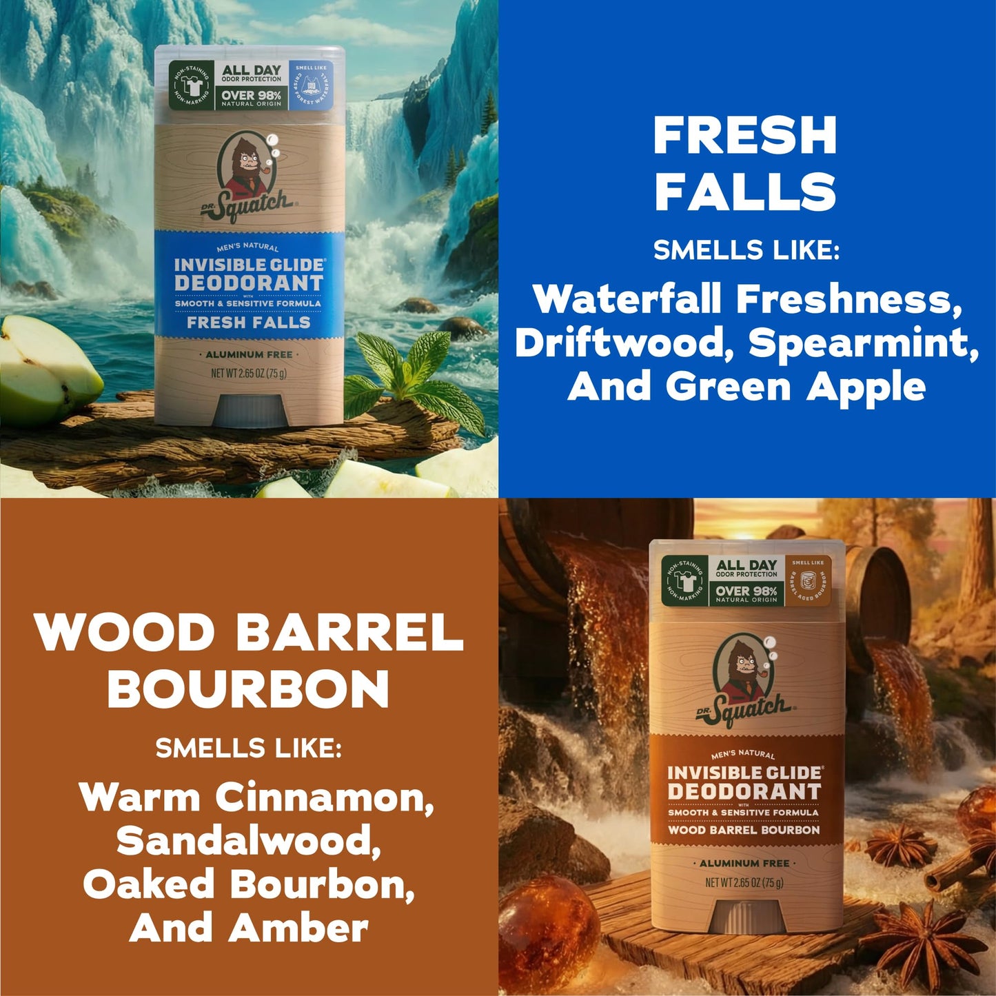 Dr. Squatch Invisible Glide Natural Men’s Deodorant - Smooth Glide, No Stains - Aluminum Free Deodorant Men - Safe for Sensitive Skin - Fresh Falls + Beauty and Personal Care Dr. Squatch