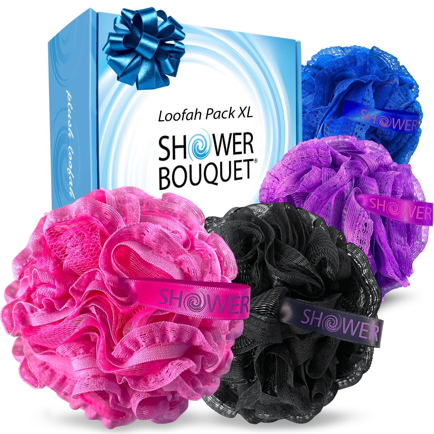 Loofah-Bath-Sponge Hot-Lacey-Mesh // 4-Steamy-Lace-Colors by Shower Bouquet / 2-Scrubs-in-1 Large Full 60g Pouf Body Luffa Loofa Loufa Puff Beauty & Personal Care Shower Bouquet