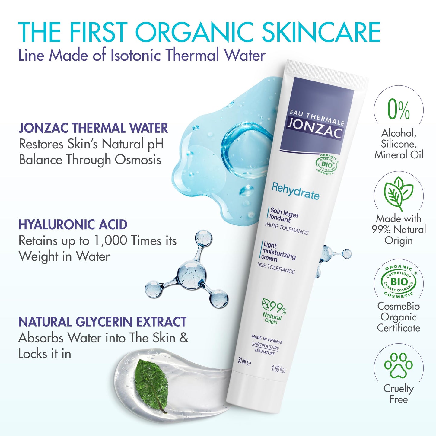 Eau Thermale Jonzac Rehydrate Organic Light Moisturzing Cream for Daily Use - Facial Cream Providing 24hr Hydration with Pure Hyaluronic Acid Beauty & Personal Care JONZAC