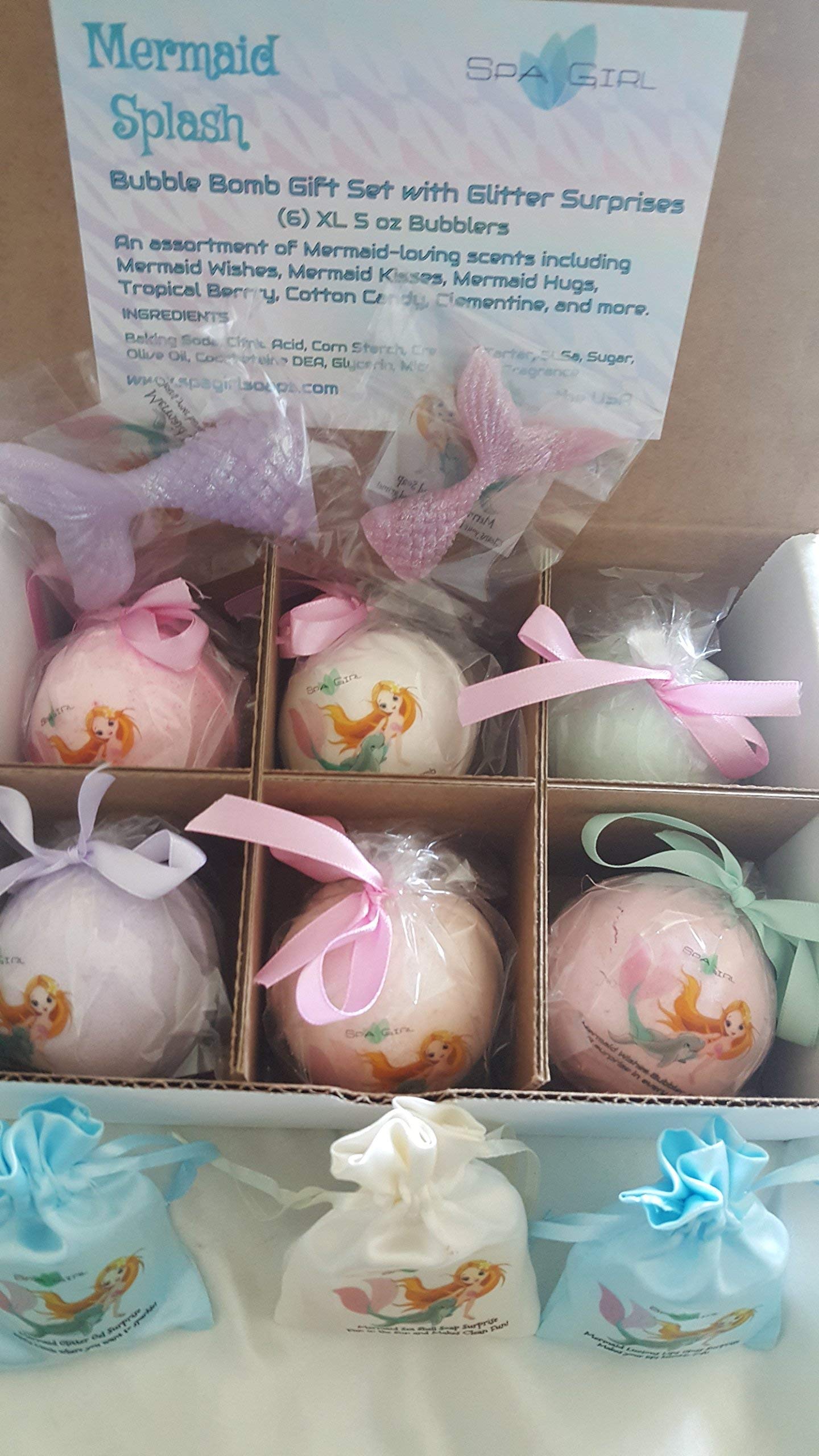 SPA PURE MERMAID BATH BOMBS - WITH GLITTER SURPRISES, 6 MERMAID SPLASH Bubble Bath Fizzy Gift Set, 6 XL USA Made, Perfect Bubble Bath, Handmade Beauty and Personal Care Spa Pure