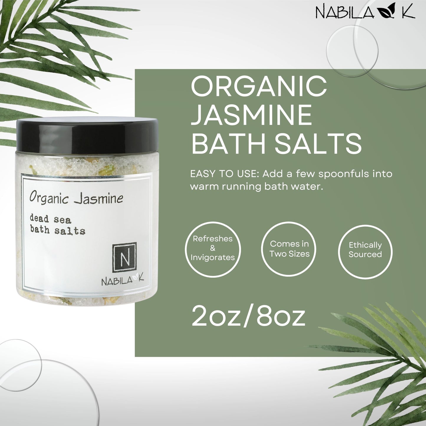 Organic Jasmine Bath Salts for Women & Men - Dead Sea Salt & Epsom Salt Soak and Scrub - Organic Jasmine Buds & Essential Oil, Cruelty-Free Beauty and Personal Care Nabila K