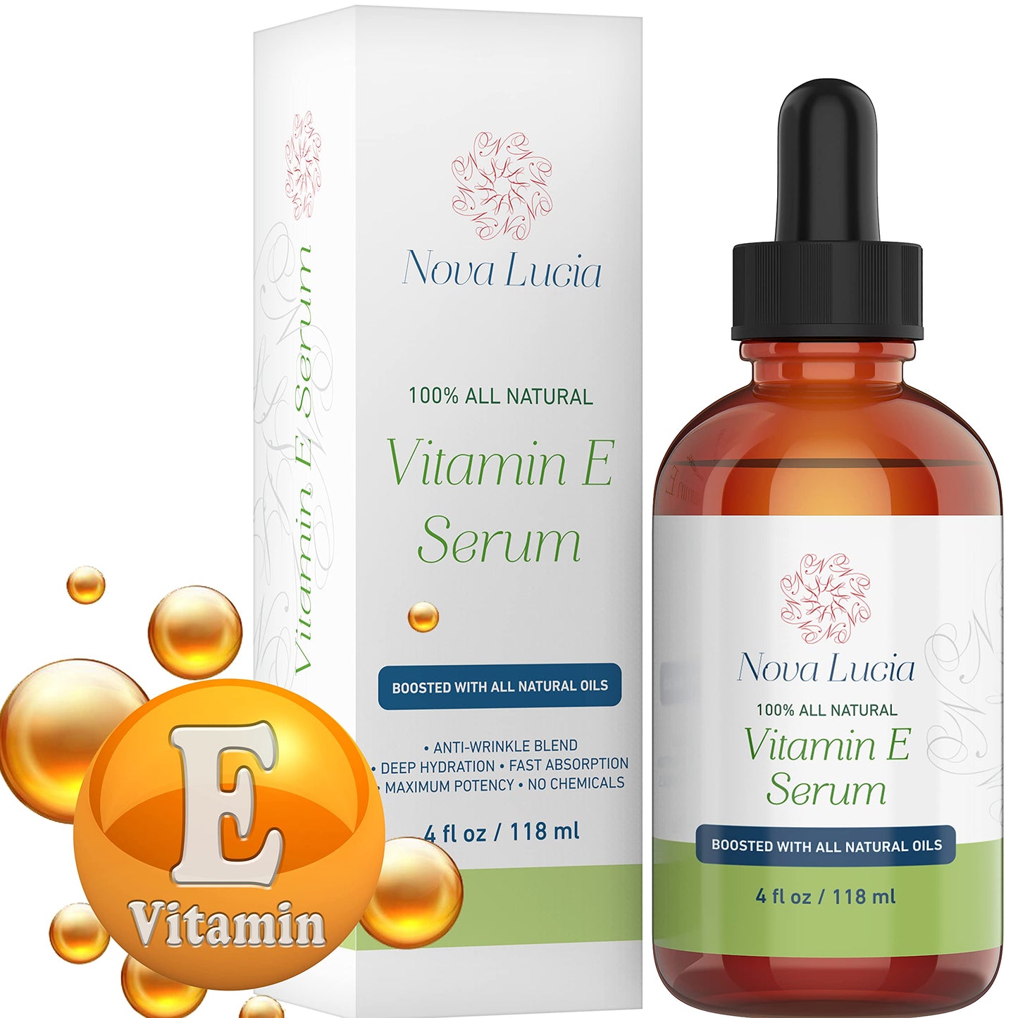 Nova Lucia Organic Vitamin E Oil - Pure Vitamin E for Skin, Face & Hair | Scar & Stretch Mark Treatment, Natural Moisturizer for Soft, Smooth Beauty & Personal Care Nova Lucia