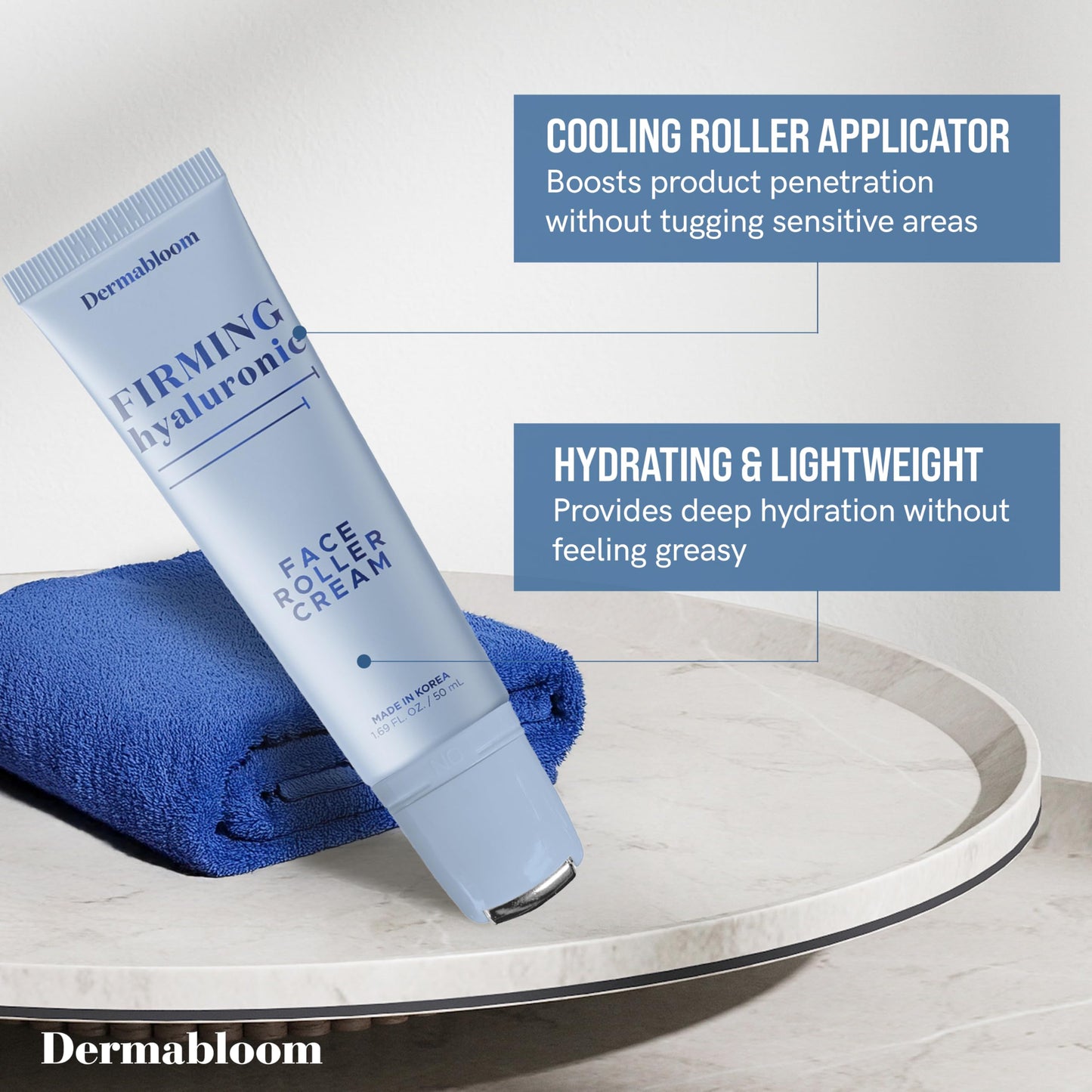 Dermabloom Hyaluronic Acid Face Roller Cream - Hydrates, Plumps, Firms, Depuffs - Dermatologist Tested, Anti-Aging, Korean Skin Care - Vegan, Clean Beauty & Personal Care Dermabloom