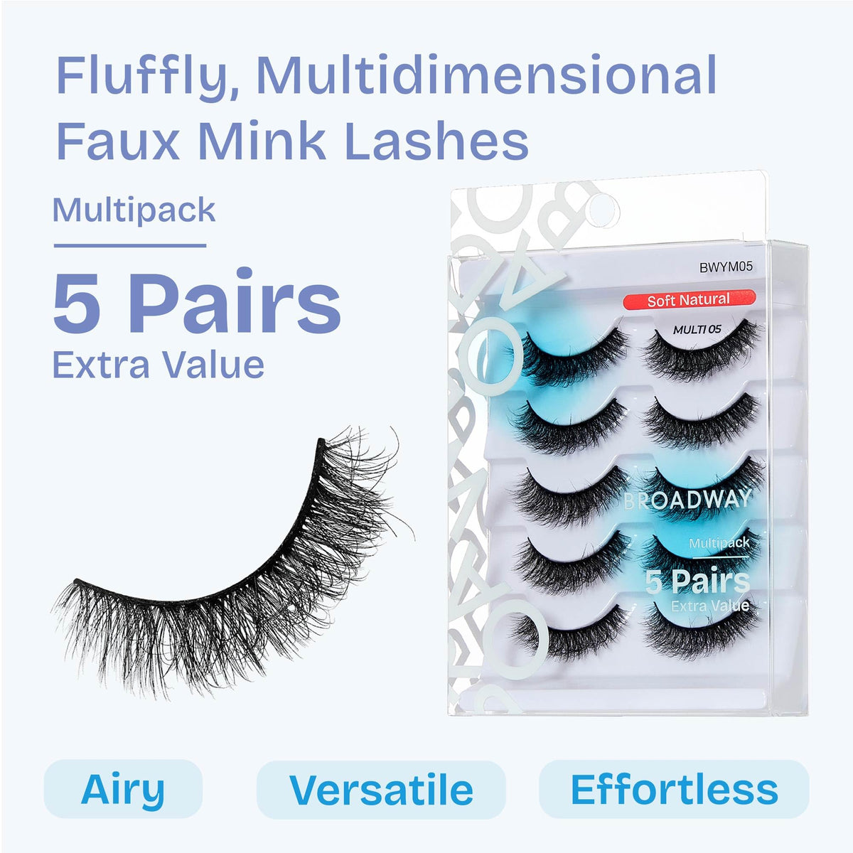 Broadway False Lashes Multipack, Faux Mink Wispy Volume Strip Eyelashes, Natural Look for Daily & Glam Wear, 5 Pairs Fluffy & Lightweight Cat Eye