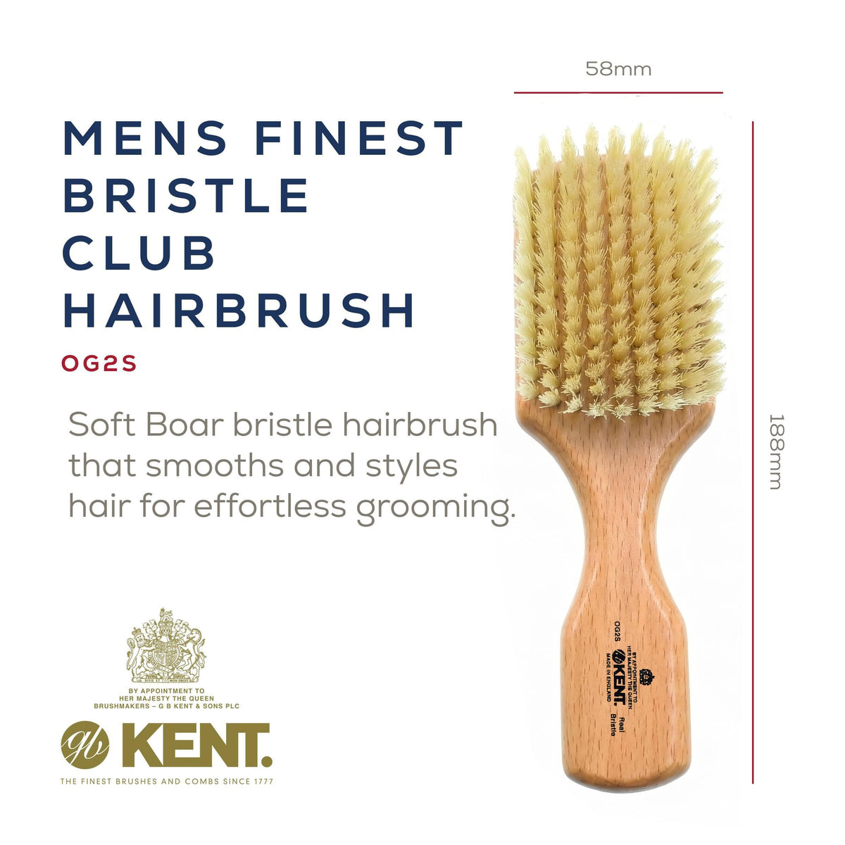 Kent OG2S Beechwood Soft Bristle Hair and Facial Brush for Beard Care - Exfoliating Soft White Natural Boar Bristle Brushs for Mens Grooming, Hair