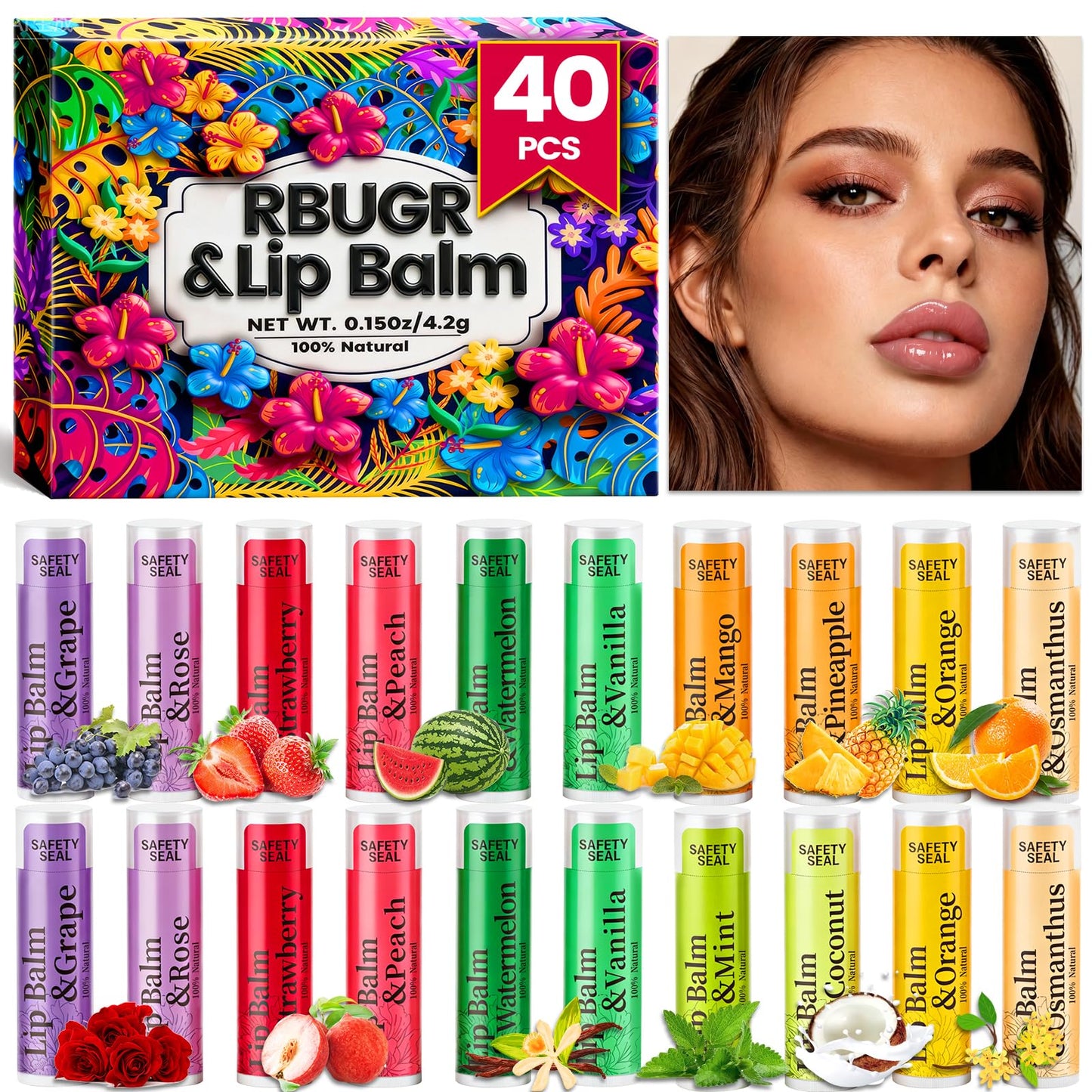 RBUGR 40 Pack Lip Balm - 12 Flavored Beeswax Moisturizing & Soothing Natural Lip Balms in Bulk Set for Women, Gifts Stocking Stuffers Party Favors Beauty and Personal Care RBUGR
