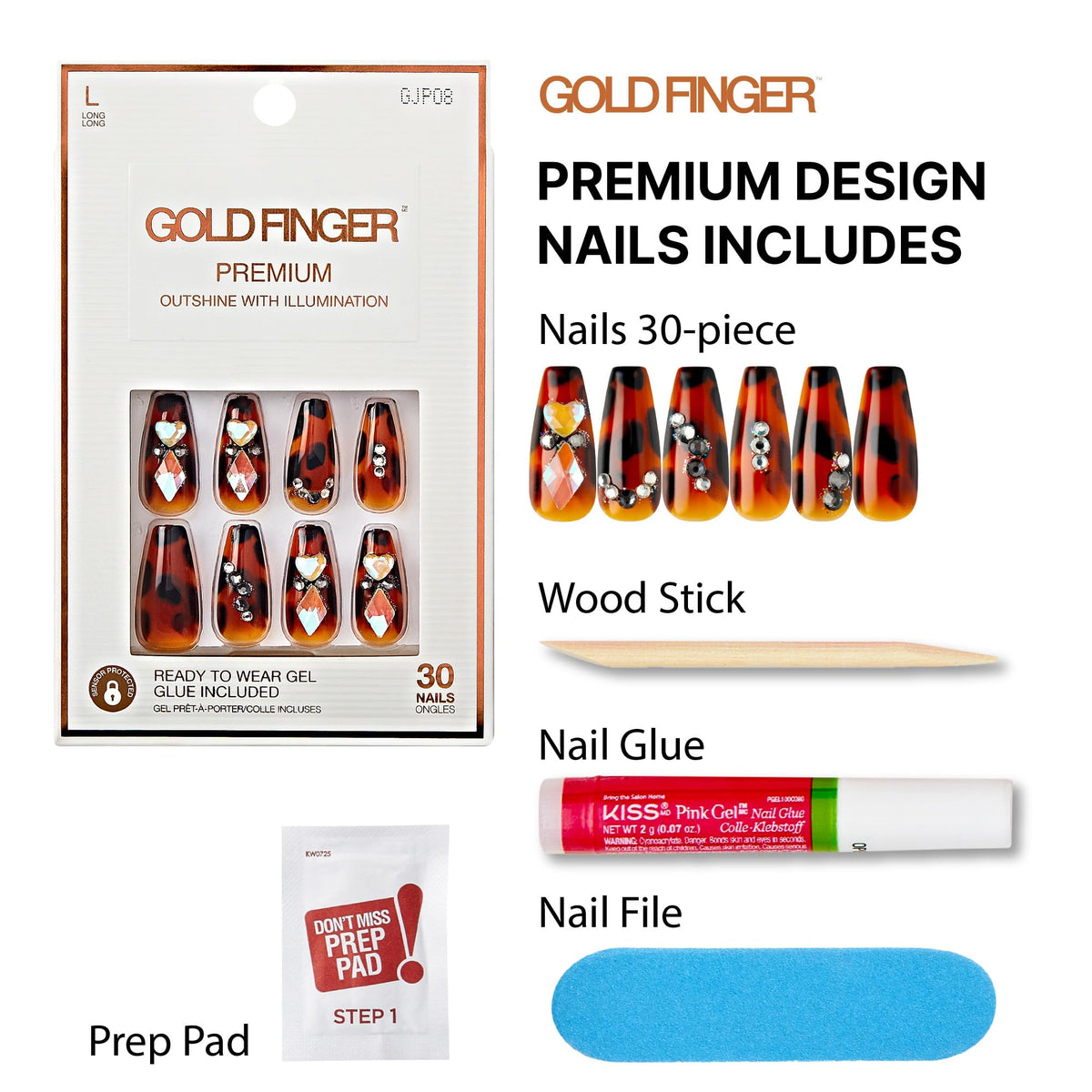 GoldFinger Premium Luxury False Nails Kit, Ready to Wear Leopard Nails, Manicure Stick and Glue Included, Long Coffin Shape with 3D Rhinestones
