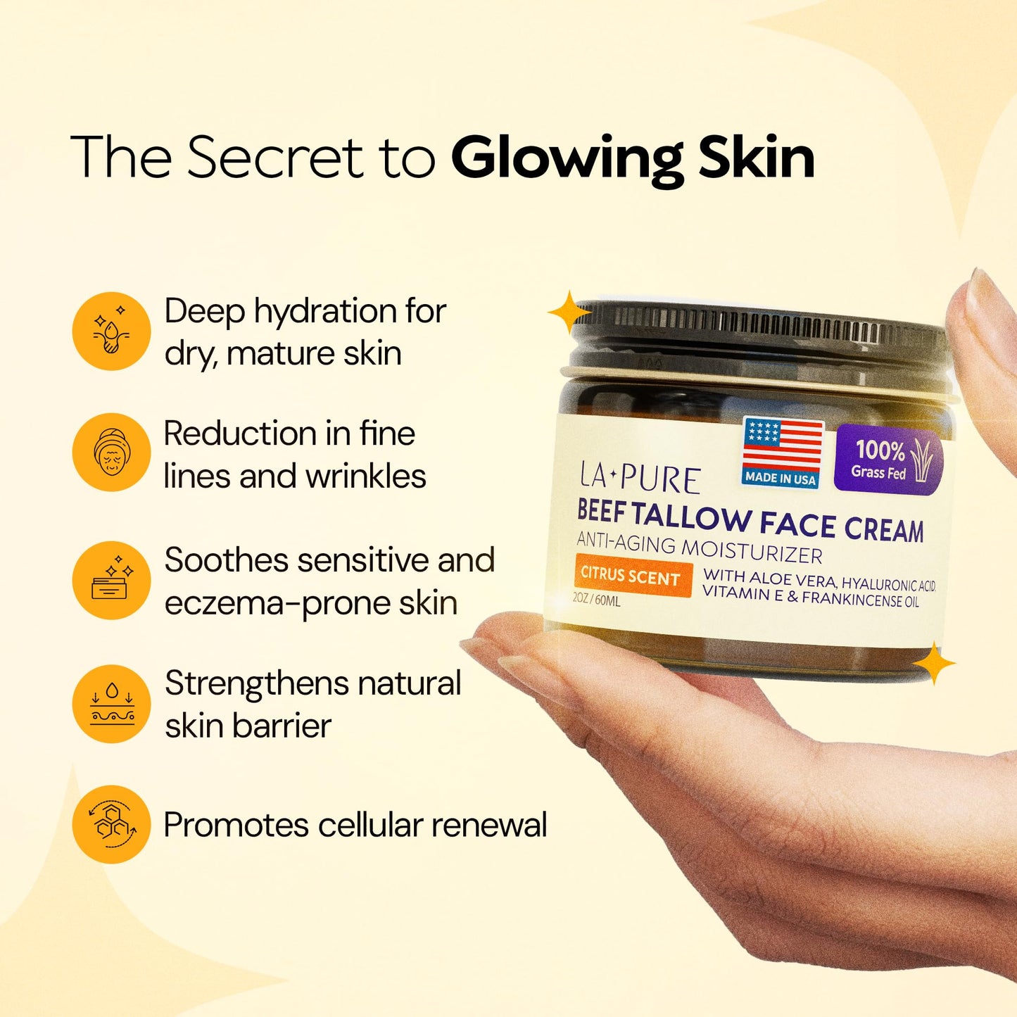 LA PURE Beef Tallow for Skin, Grass-Fed Tallow Face Cream with Aloe Vera, Hyaluronic Acid, Frankincense & Vitamin E to Hydrate, Firm, and Smooth Skin Beauty & Personal Care LA PURE