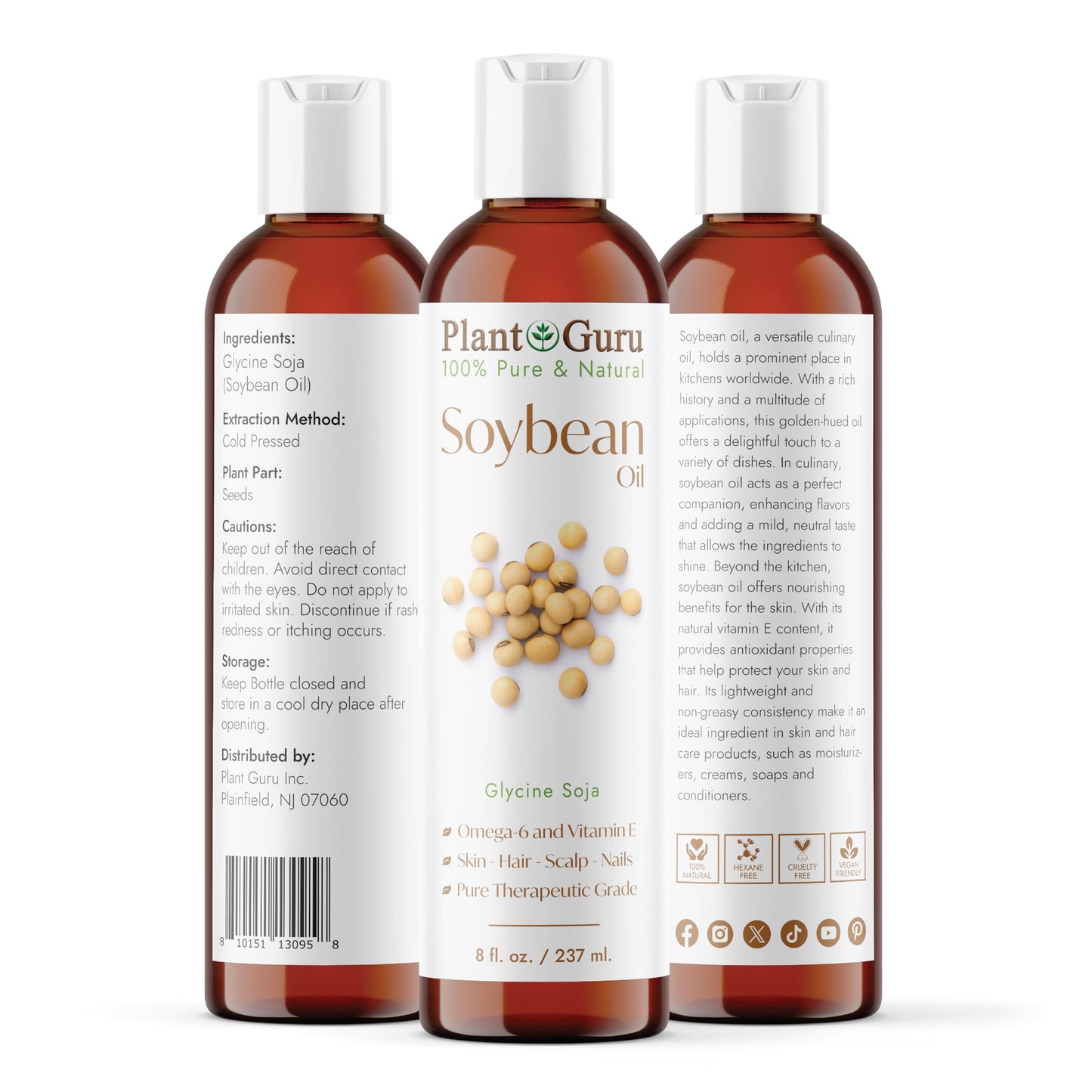 Plant Guru Soybean Oil 8 fl. oz. - Cold Pressed, 100% Pure & Natural Carrier for Skin, Face, Body, Hair & Cooking. Great for DIY Creams, Lotions Beauty & Personal Care Plant Guru