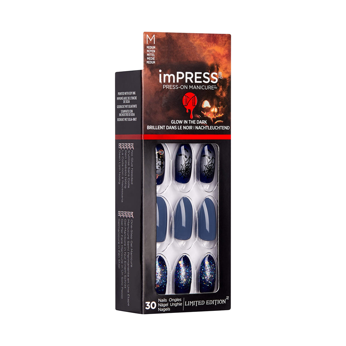 KISS imPRESS Limited Edition Halloween Press-On Nails, Glow-In-The-Dark, PureFit Technology, 'Hallow-queen’, with Prep Pad, Mini File, Cuticle Stick