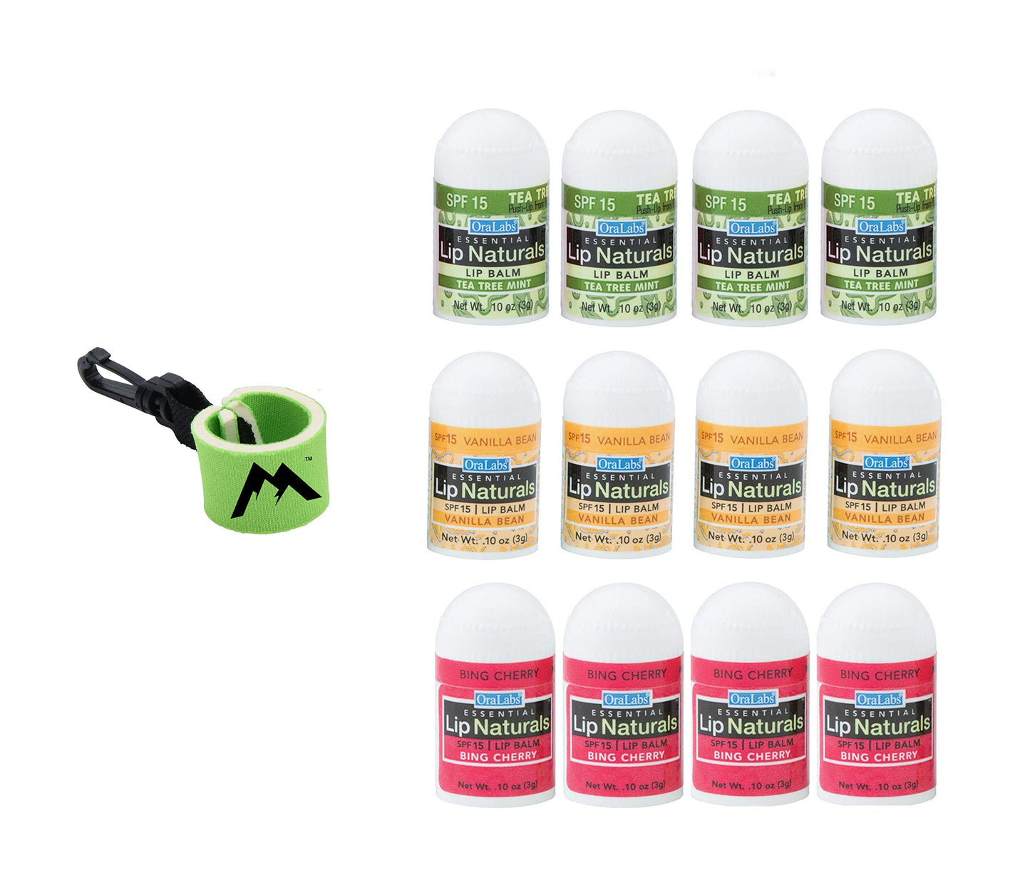Lip Naturals Assorted Mini Lip Balms with Sunscreen (SPF-15) & Keychain - 12 Count, 3 Flavors: Tea Tree Mint, Vanilla Bean, Bing Cherry (0.10oz/3g Beauty & Personal Care LIP NATURALS