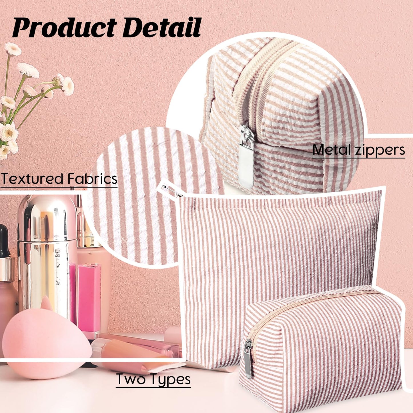 Huhumy 2 Pcs Makeup Bag Set Cute Cosmetic Pouch for Women Seersucker Travel Toiletry Bag Preppy Small Makeup Purse Pouch Aesthetic Skincare Brushes Beauty and Personal Care Huhumy