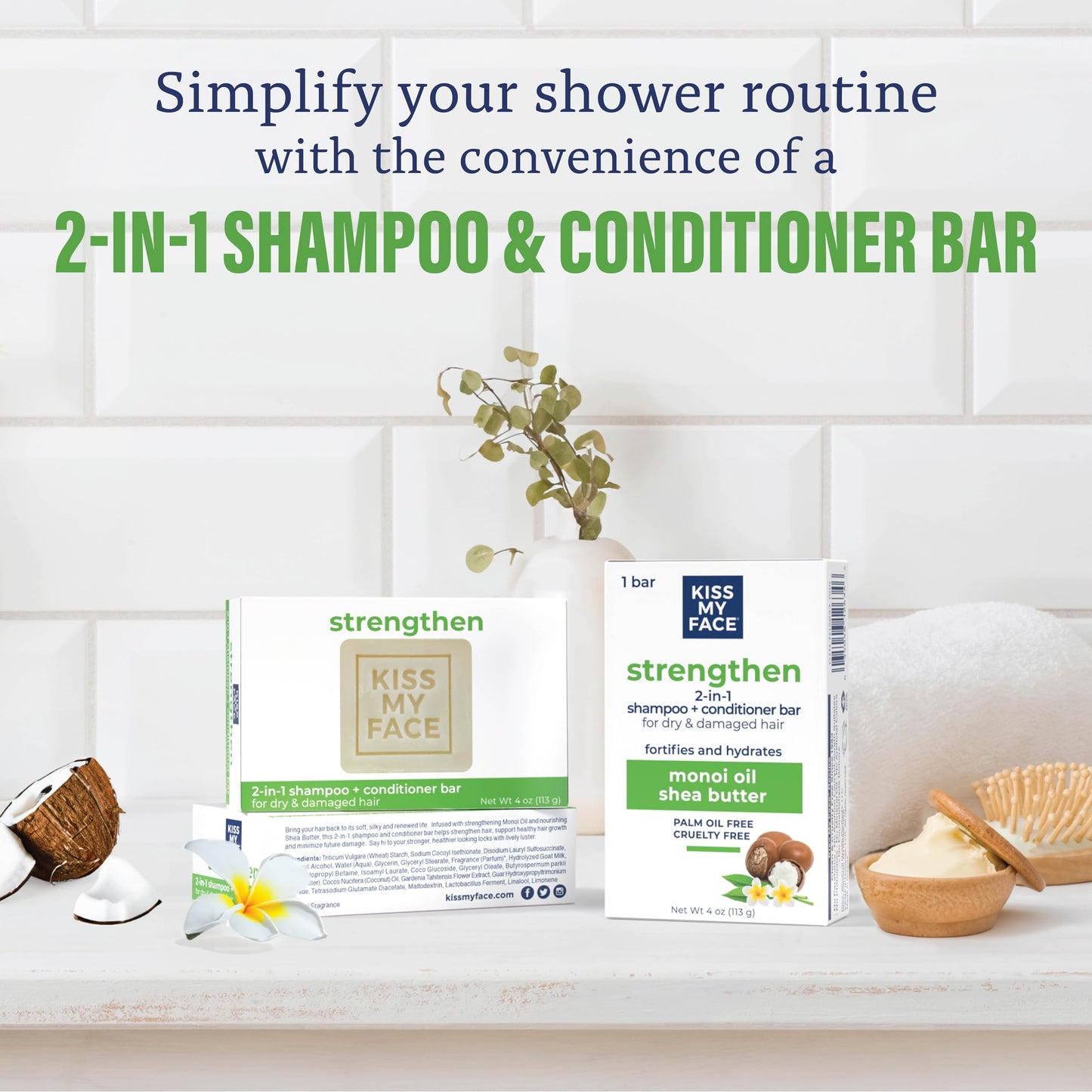 Kiss My Face Strengthen 2-in-1 Shampoo and Conditioner Bar, With Monoi Oil and Shea Butter, Fortifies and Hydrates, For Dry and Damaged Hair, Cruelty Beauty & Personal Care Kiss My Face