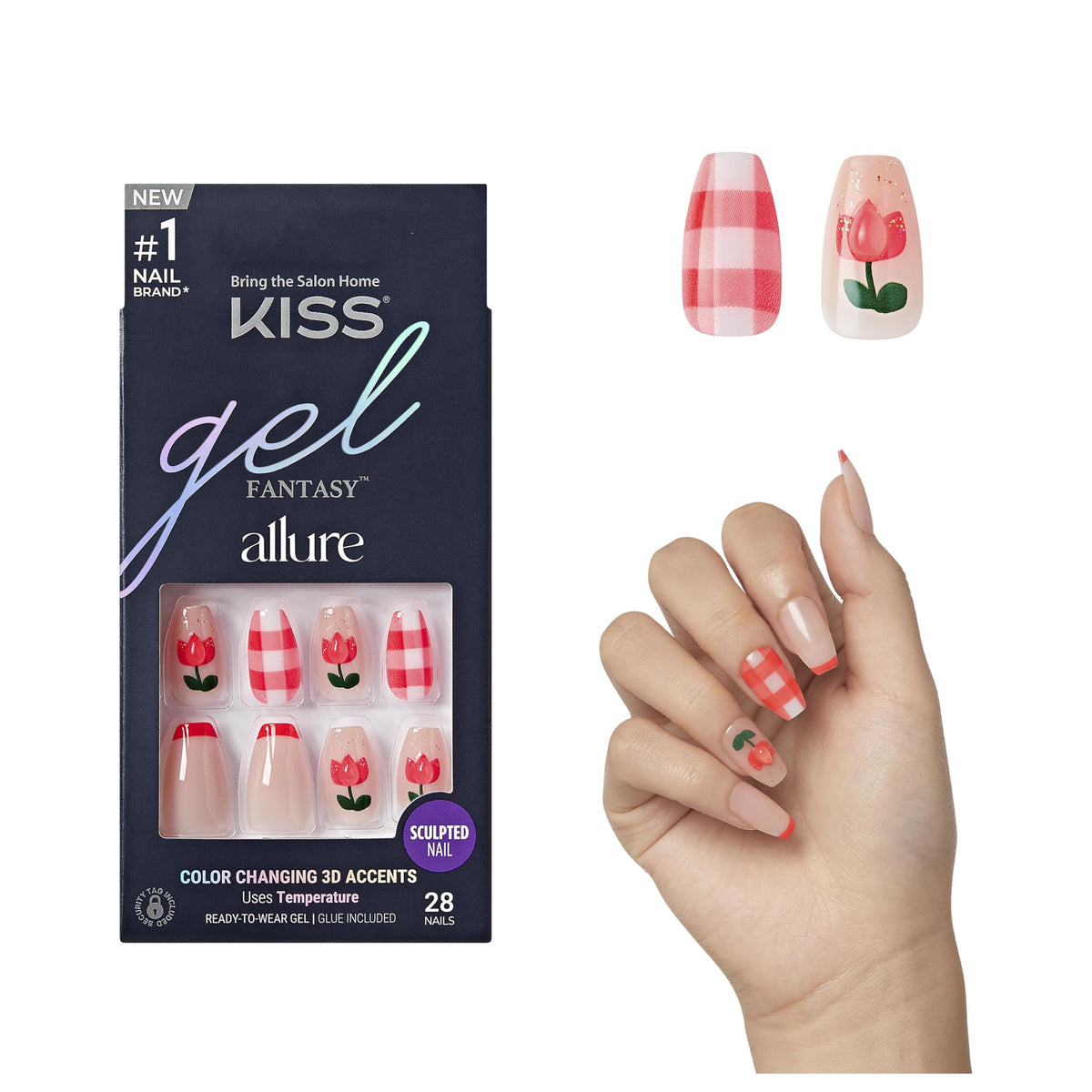 KISS Gel Fantasy Allure Press On Nails, Ready to Wear, 3D Design, Waterproof, Pink Gel Nail Glue 0.07 Oz. (2g), Manicure Stick & Mini File, 28 Count