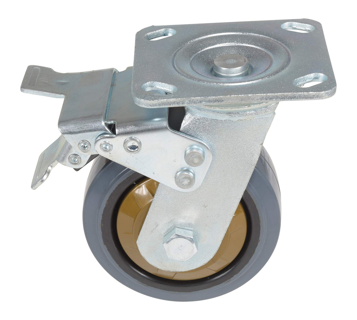 Vestil CST-KSM-5X2MR-SWTB Rubber Swivel with Total Brake Caster 5 in. Diameter x 2 in. Width 661 Lb. Capacity Dark Gray/Gold
