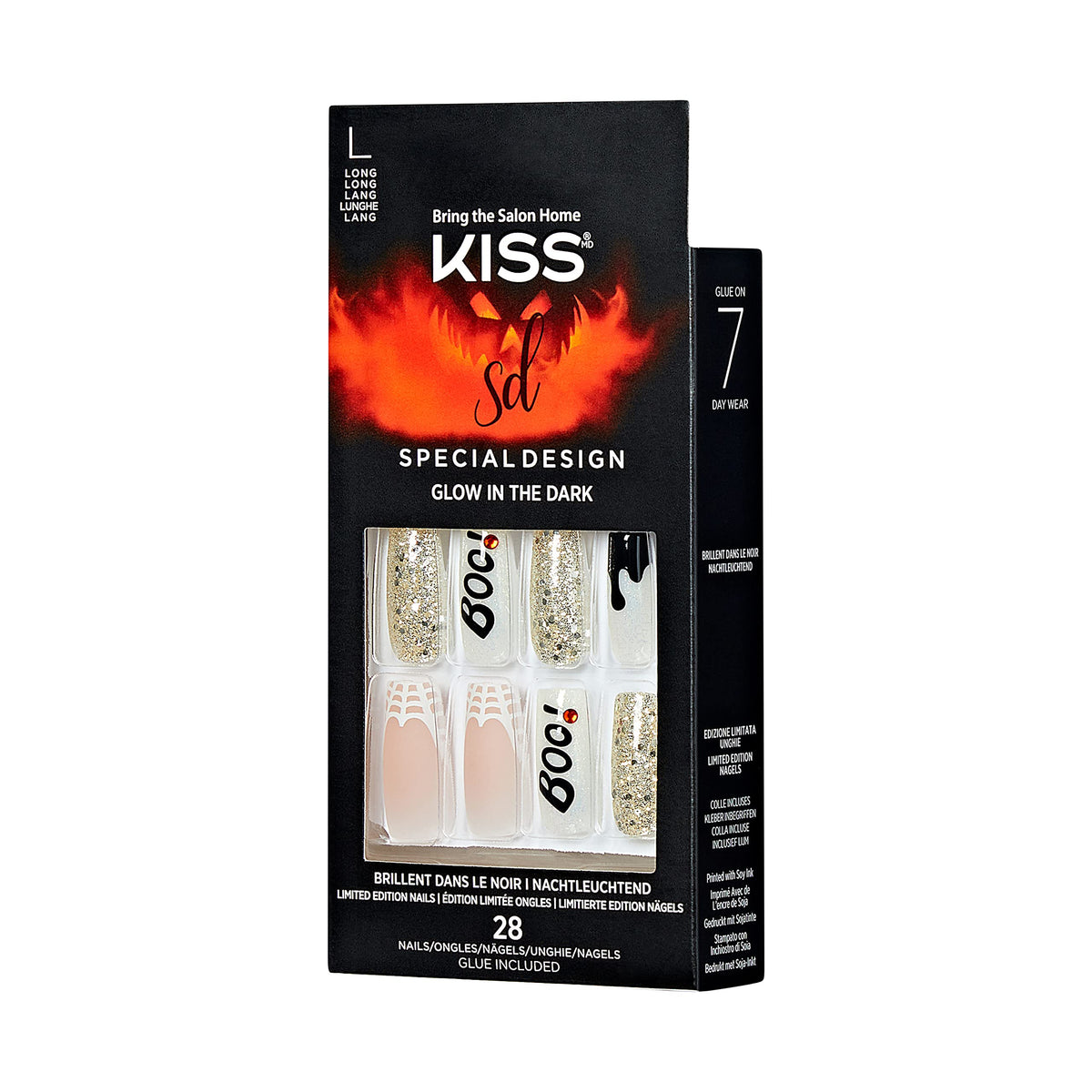 KISS Special Design Halloween Fake Nails, Glow-In-The-Dark, Style ‘Party Till I Die’, with Pink Gel Nail Glue, Mini Nail File, Manicure Stick, & 28