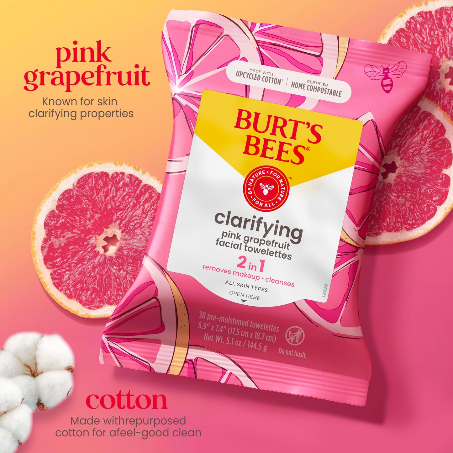 Burt's Bees Pink Grapefruit Face Wipes, for All Skin Types, Hydrating Makeup Remover & Facial Cleansing Towelettes, 30 Ct. (3-Pack) Beauty & Personal Care Burt's Bees