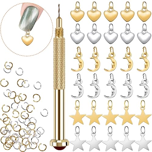 PAGOW 71 PCS Dangle Nail Art Charms, Nail Jewelry Rings with Nail Piercing Tool Hand Drill for Tips, Acrylic, Gels and Decorations Beauty & Personal Care PAGOW