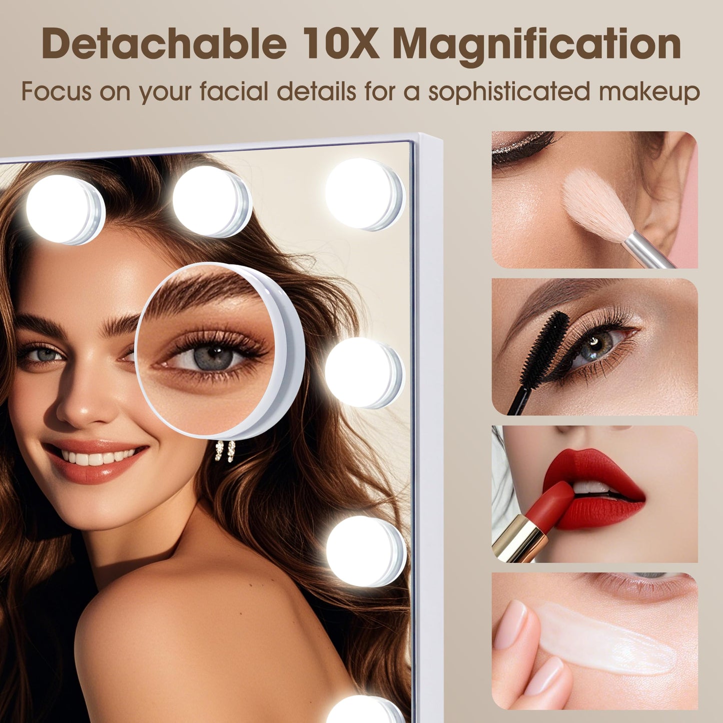 NUSVAN Vanity Mirror with Lights,Makeup Mirror with 17 Dimmable LED Bulbs, 3 Color Lighting Modes Detachable 10X Magnification Mirror Touch Control Beauty and Personal Care NUSVAN