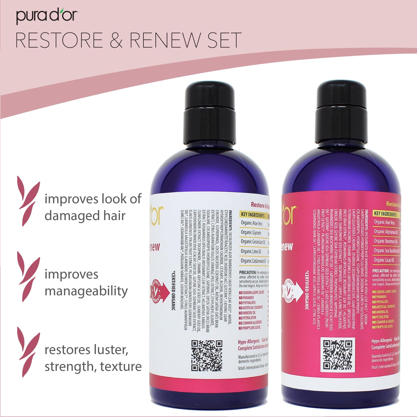 PURA D'OR Restore & Renew Shampoo and Conditioner Set for Strong, Healthy, and Nourished Hair with Organic Aloe Vera, Rosemary, Sea Buckthorn, Cacay Beauty & Personal Care PURA D'OR